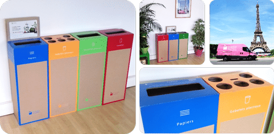 Box de recyclage colorées des Joyeux Recycleurs installées en entreprise