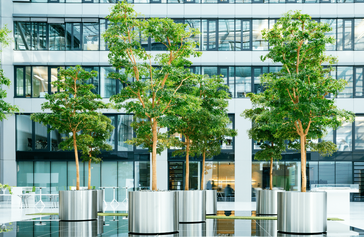 Cour intérieure moderne d'un bâtiment de bureaux avec des arbres verts plantés dans des pots métalliques brillants. Architecture contemporaine avec grandes fenêtres et espace de travail lumineux. Ambiance professionnelle et écologique dans un cadre urbain.