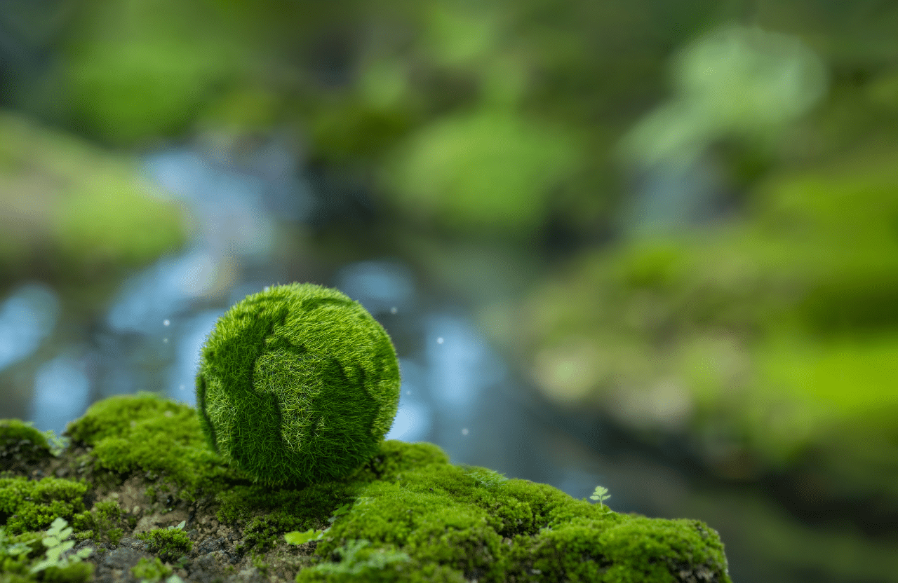 Globe terrestre recouvert de mousse, symbole de la nature et de la vie, posé délicatement sur une pierre moussue au bord d'un cours d'eau.