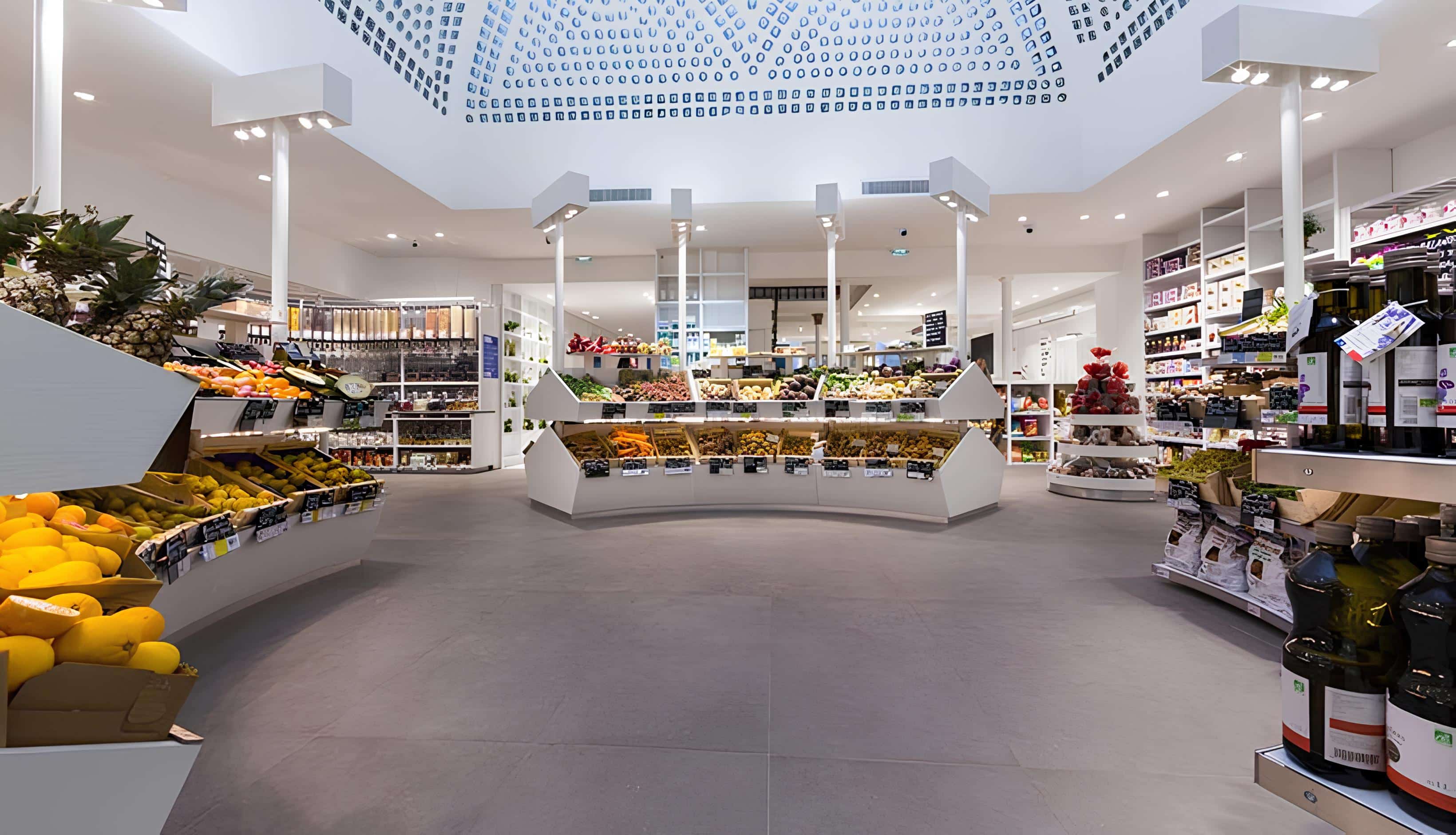 Image d'un magasin moderne et spacieux de type Biocoop : Ce magasin présente une disposition élégante et aérée avec des étagères blanches remplies de fruits et légumes frais. Des présentoirs épurés et bien organisés sont disposés en îlots, offrant un large choix de produits bio et locaux. Le décor lumineux et minimaliste incarne l'engagement écologique de Biocoop, mettant en avant des produits sans emballages plastiques et un design orienté vers le zéro déchet, pour une expérience de consommation durable.