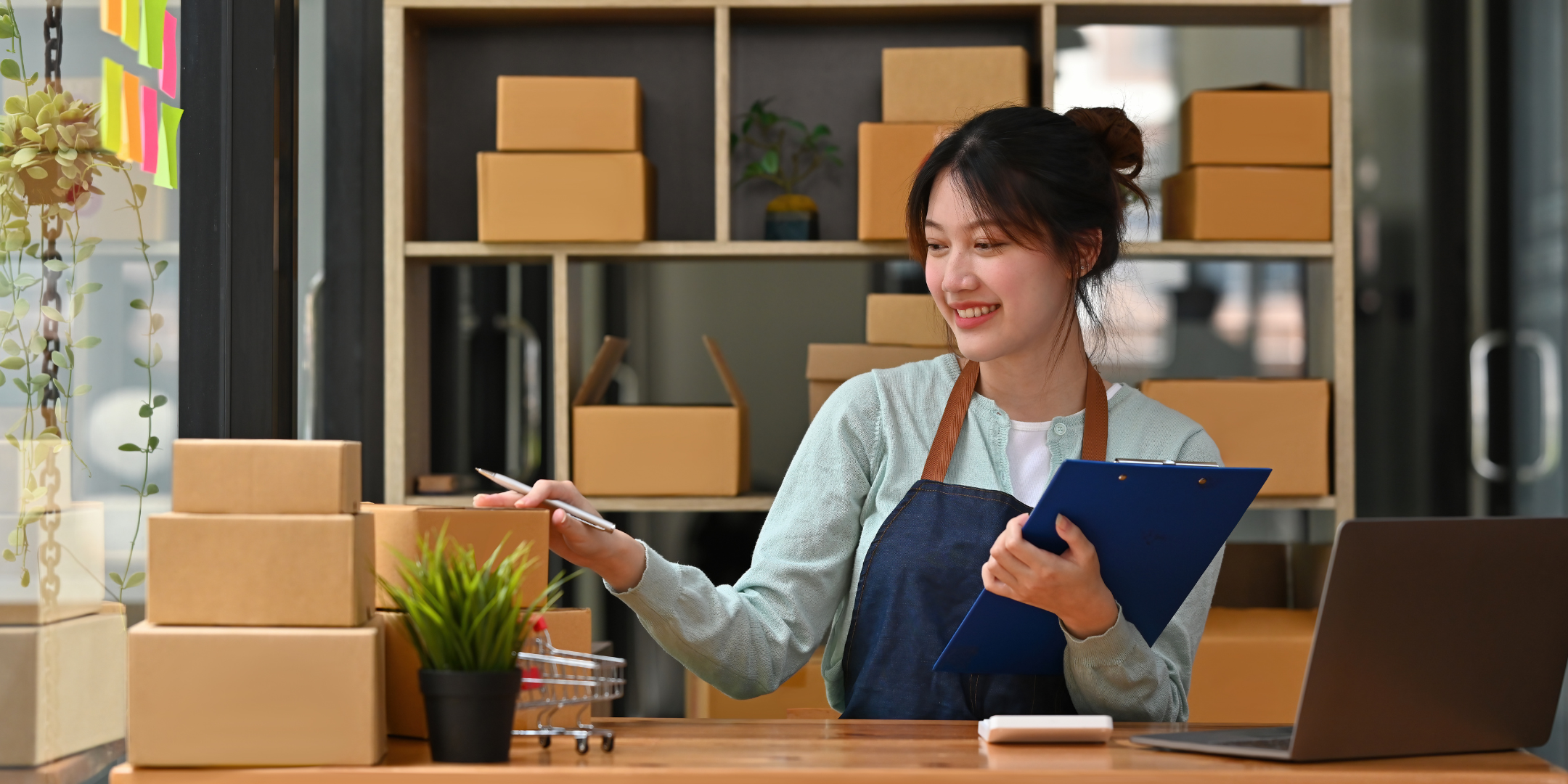 Entrepreneuse souriante dans un espace de travail moderne, représentant les start-up parisiennes investies dans des pratiques durables et éco-responsables.