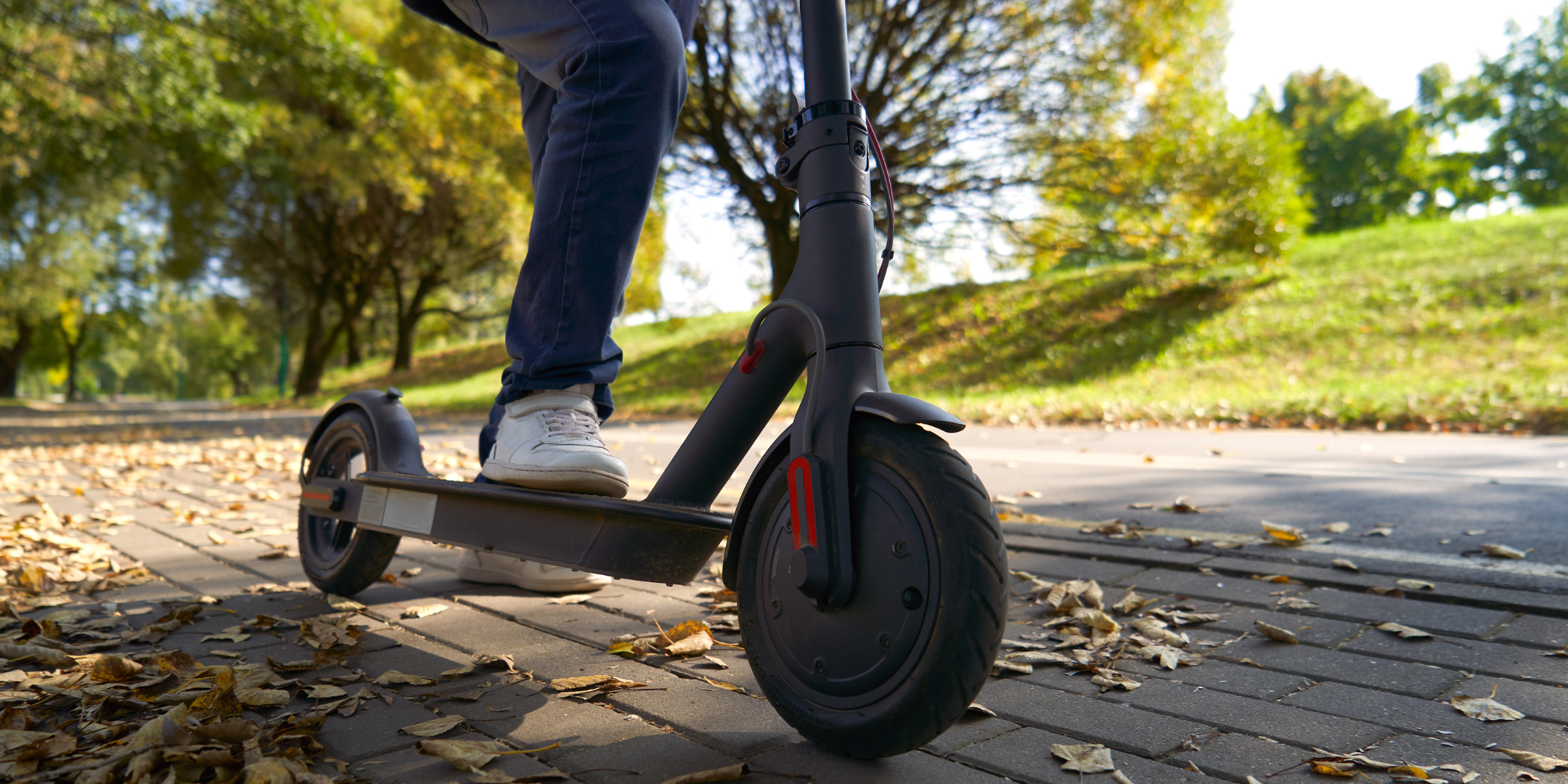 Personne utilisant une trottinette électrique dans un parc arboré, illustrant l'importance des mobilités douces pour des déplacements durables.