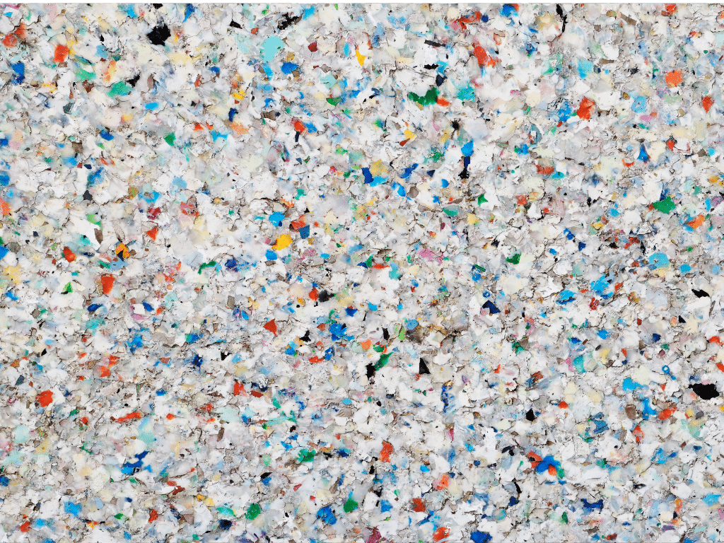 Zoom sur un amas de petits morceaux de plastique broyé pour recyclage. 