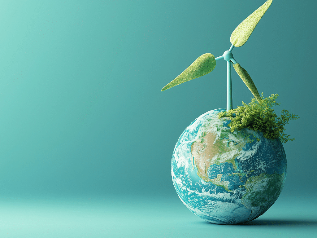 Illustration d’une planète Terre avec une éolienne symbolisant l’énergie renouvelable et la protection de l’environnement.