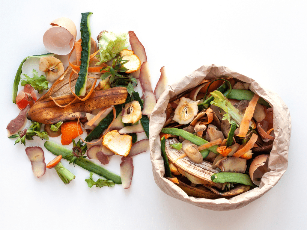 Déchets alimentaires triés dans deux bols, symbolisant le compostage et la valorisation des biodéchets.