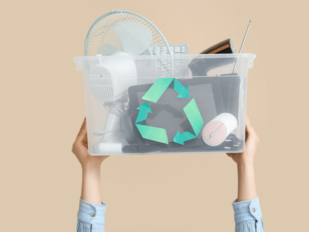 Boîte de recyclage transparente contenant papier, plastique et ampoules, tenue par une personne.