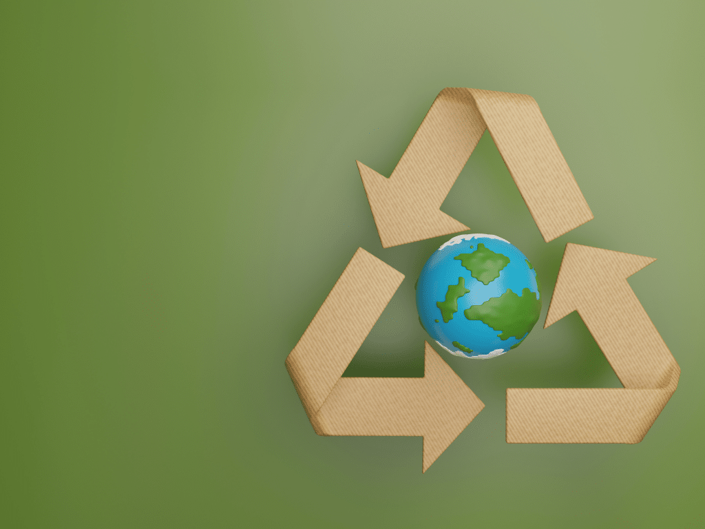 Tour d’Europe (ou du monde) _ pratiques de recyclage d’entreprise qui inspirent Symbole de recyclage vert entourant la planète Terre sur fond vert, représentant la protection de l’environnement et le recyclage à l’échelle mondiale