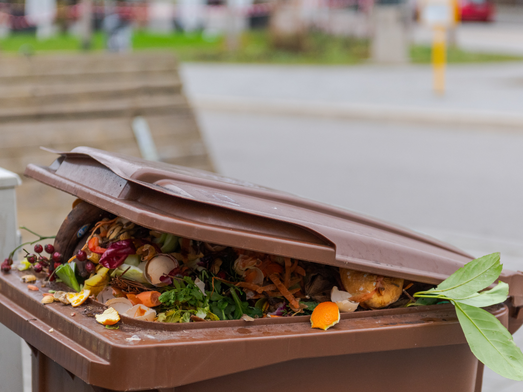 Poubelle brune ouverte contenant des restes de repas, destinée aux déchets organiques