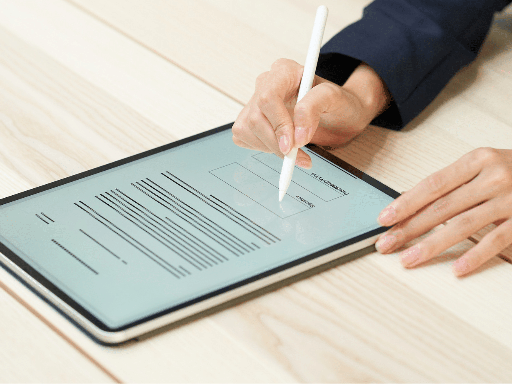 Personne écrivant sur une tablette avec un stylet, représentant la dématérialisation et la réduction de l’usage du papier au bureau.